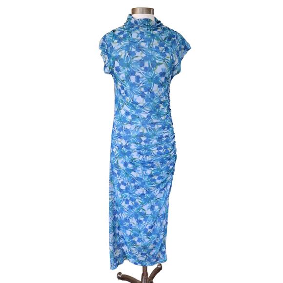 By Anthropologie The Maya Bue Floral Mesh Midi Maxi Dress Size Medium - Picture 4 of 10
